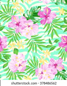 soft tropical print on aqua zebra stripe ~ seamless print