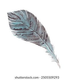 A soft turquoise and gray watercolor feather with intricate details on a white background
