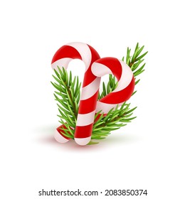 Soft two crossed candy cane with red and white stripes and with branch of Christmas tree, fir. Christmas vector illustration for postcard, business card, web, design, arts, party, sale, advertising.