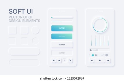 Soft UI Design Kit. Trendy User Interface Design Elements. Modern Application Mockup. Neumorphism. 10 EPS Vector Illustration.