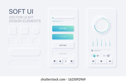 Soft UI design kit. Trendy user interface design elements. Modern application mockup. Neumorphism. 10 EPS vector illustration.