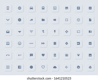 Soft UI icon resources. Trendy neomorphic material design flat icons collection. Transport, vehicle, arrows, heart, mail, camera, wifi, user, call settings etc. filled icons for web and mobile apps 
