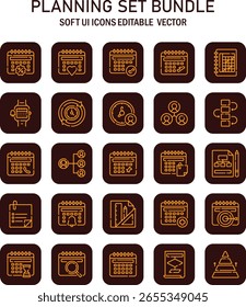 Iconos suaves de planificación de interfaz de usuario establecidos para programar tareas de gestión de proyectos Vector editable concepto de diseño colección de