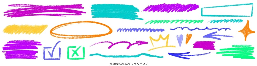 Soft underline in crayon texture, underline highlights line and arrow, crayon style joins pencil, brush, wiggle, highlight and circle in playful sketch
