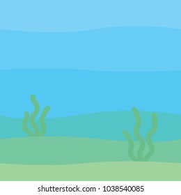 Soft underwater landscape with waves, seabed and seaweed. Undersea scenery. Vector illustration in simple minimalistic flat style. Scene for your artwork and design.
