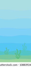 Soft underwater landscape with waves, seabed and seaweed. Undersea scenery. Vector illustration in simple minimalistic flat style. Scene for your artwork and design. Vertical composition.