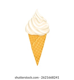 Soft vanilla ice cream in waffle cone isolated on white background. Vector cartoon flat illustration.