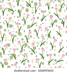 Soft vector flowers. Hand drawn pink tulips on green dottwd background. Vector illustration eps10. Perfect floral illustration for wedding, holidays, interior and textile design.