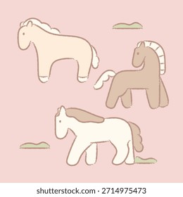 A soft vector illustration of three baby horses in a side view profile. Designed with rough outlines and pastel colors, ideal for nursery decor, children's books.