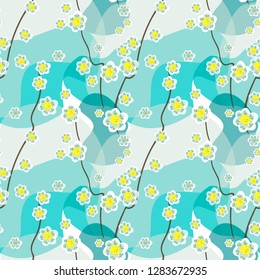 Soft vector seamless pattern. Hand drawn art white flowers twigs on blue  background like watercolor painting. Template for textile, wallpaper, wrapping, cover, web, card, carton, print, banner.