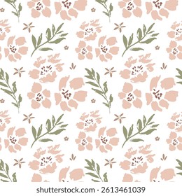 Soft vector seamless pattern with large scale pink flowers and leaves on white background. Hand-drawn in doodle style. Ideal for textile, background, packaging.