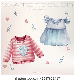 Soft vector watercolor illustrations. Baby gender reveal and cozy kidswear.