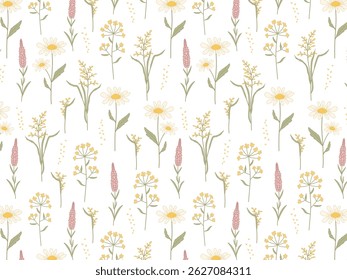 Soft vintage floral seamless pattern with wild meadow flowers in pastel tones. Ideal for wallpapers, packaging, eco-products, textiles, and wedding designs.