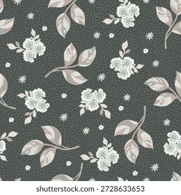 Florais macios vintage e ramos folhosos em rubor e sábio em um fundo pontilhado de carvão profundo. Ideal para tecido, papel de parede, papelaria e decoração caseira acolhedora.