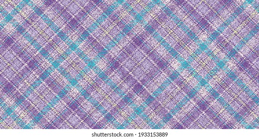 soft violet main color gingham checkered seamless texture of old ragged grungy fabric with yellow threads and cyan stripes for plaid, tablecloths, shirts, tartan, clothes, dresses, bedding