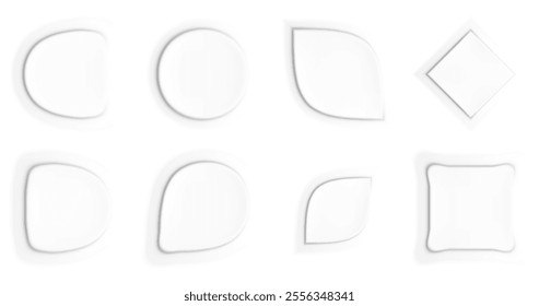 Soft volumetric forms in the style of neomorphism, made with smooth shadows and light gradients. Abstract geometric figures create the effect of recession and minimalism.