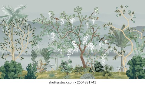 Soft Wallpaper,Chinese Style Wall Art,Chinese Wall Decor, Tropical plant,Birds and Watercolor Background.