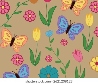 A soft, warm beige background serves as the canvas for a vibrant and intricate floral design. Various flowers bloom throughout, showcasing a palette of lively colors. Delicate pink blossoms with round