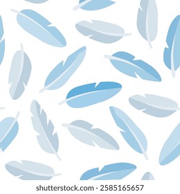 Soft and warm blue feathers cartoon seamless pattern. Vector illustration background. Pillows, coats and duvets natural and eco filler