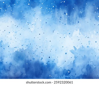 O fundo de aquarela suave mistura vários tons de azul e branco, criando uma atmosfera serena com pontos dispersos que lembram estrelas ou luz. Ideal para projetos artísticos