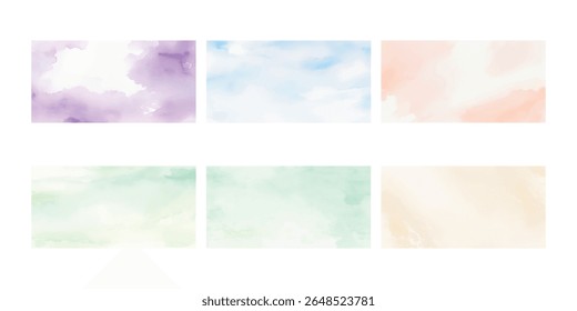 Pacote de fundo de aquarela suave com 6 cores pastel - azul céu, verde, pêssego, lavanda, menta e bege - Texturas artísticas de Aquarelle para design criativo, embalagem, modelos e branding Pr