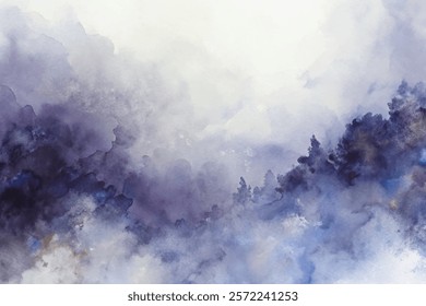 Soft watercolor background, dreamy purple hues, abstract landscape, serene atmosphere, artistic nature scene.