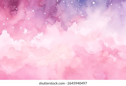 Soft watercolor background of dreamy sky with gentle pink and purple hues. Wispy clouds blend harmoniously while stars twinkle subtly, creating a serene atmosphere perfect for artistic inspiration