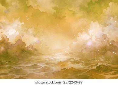 Soft watercolor background, golden hues, dreamy clouds, serene landscape, abstract waves, artistic texture, tranquil atmosphere.