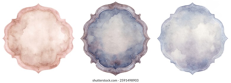 Soft watercolor backgrounds, elegant frame designs, pastel color palette, artistic style, versatile for invitations.