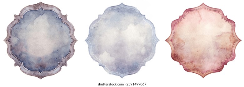 Soft watercolor backgrounds, elegant frame designs, pastel color palette, versatile for invitations, artistic decor.