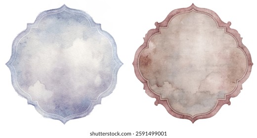 Soft watercolor backgrounds, vintage frame shapes, artistic textures, elegant design elements, versatile for various projects.