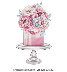 Soft watercolor captures a stunning cake topped with blooming peonies, elegantly resting on a simple pedestal stand, evoking floral beauty