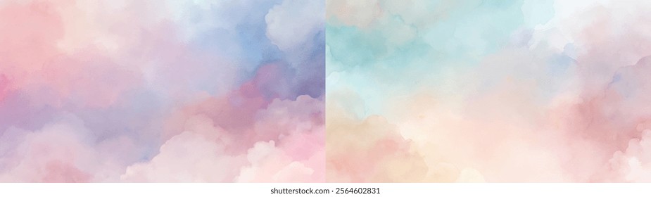 Soft watercolor clouds in gentle hues provide a calming and artistic backdrop.