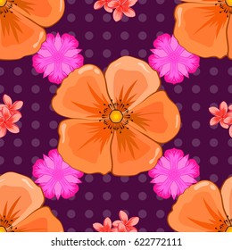 Soft watercolor cosmos flower print ~ seamless pattern on a purple background. Vector illustration.