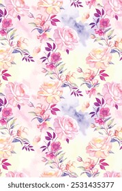 Soft watercolor floral pattern with pink roses and purple leaves, giving a graceful and romantic look, perfect for fabrics or decorative designs