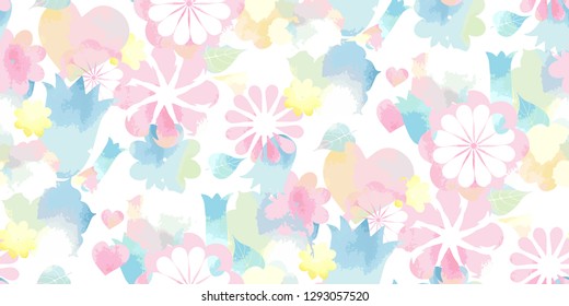 Soft watercolor floral print - seamless background. Endless pattern with pink blue yellow flowers. Vector Stylish illustration for Saint Valentine's Day, children - babies and spring design. 