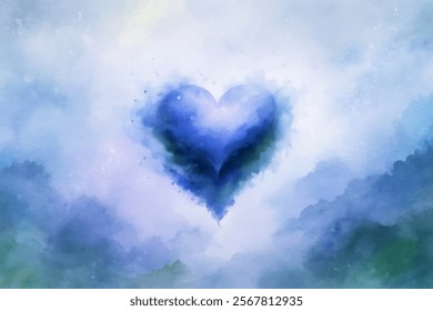 Soft watercolor heart, blue tones, dreamy background, abstract art, romantic theme, artistic expression, emotional design.