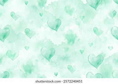 Soft watercolor hearts, mint green background, romantic design, seamless pattern, perfect for invitations, love themes.