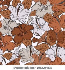 Soft watercolor hibiscus flower print ~ seamless pattern in gray and brown colors. Vector illustration.