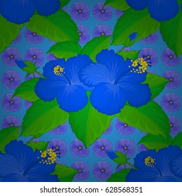 Soft watercolor hibiscus flower print ~ seamless pattern on a blue background. Vector illustration.