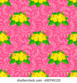 Soft watercolor hibiscus flower print ~ seamless pattern on a pink background. Vector illustration.