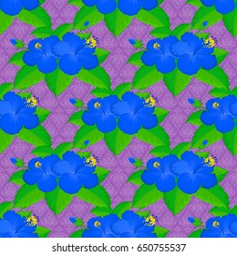 Soft watercolor hibiscus flower print ~ seamless pattern on a violet background. Vector illustration.