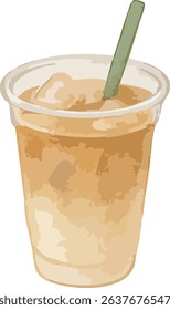 A soft watercolor illustration of iced cafe latte in a clear plastic cup with a straw. Ideal for summer cafe menus and drink-themed design content.