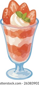 A soft watercolor illustration of a strawberry parfait layered with whipped cream and strawberries in a glass. Ideal for cafe menus, dessert-themed designs, and sweet visuals.