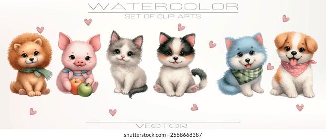 Soft watercolor illustrations of fluffy pets. Puppies, kittens, and guinea pigs.