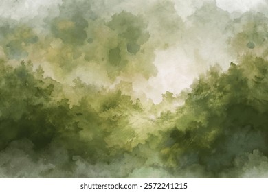 Soft watercolor landscape, lush green foliage, misty atmosphere, serene nature scene, calming background for design.