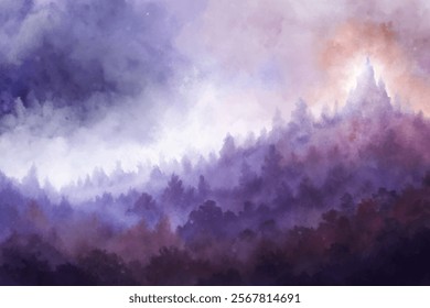 Soft watercolor landscape, misty forest silhouette, purple and orange hues, serene nature scene, atmospheric background.