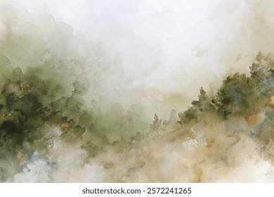 Soft watercolor landscape, misty forest, serene nature scene, calming green tones, artistic background, tranquil atmosphere.