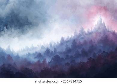 Soft watercolor landscape, misty mountains, serene atmosphere, dreamy colors, nature background, artistic style, tranquil scenery.