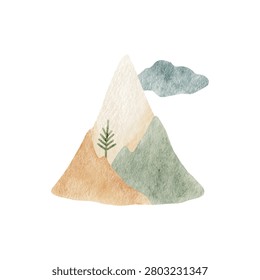 Soft watercolor mountains with a small lone tree on a gentle slope